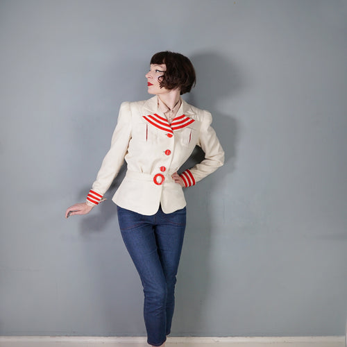 40s STYLE TAILOR MADE CREAM AND RED NAUTICAL SUIT JACKET WITH BELT - M-L