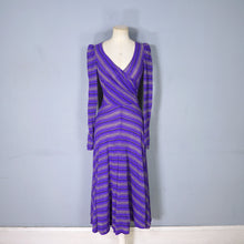 Load image into Gallery viewer, 70s UNLABELED BIBA PURPLE GOLD STRIPED WRAP OVER MIDI DRESS - XS