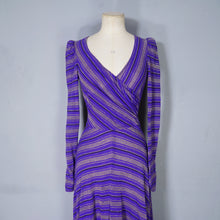 Load image into Gallery viewer, 70s UNLABELED BIBA PURPLE GOLD STRIPED WRAP OVER MIDI DRESS - XS