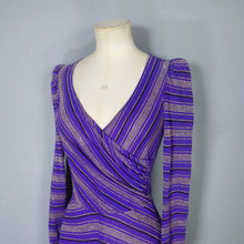 Load image into Gallery viewer, 70s UNLABELED BIBA PURPLE GOLD STRIPED WRAP OVER MIDI DRESS - XS