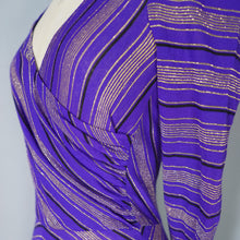 Load image into Gallery viewer, 70s UNLABELED BIBA PURPLE GOLD STRIPED WRAP OVER MIDI DRESS - XS