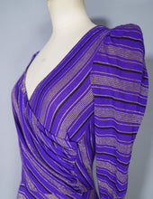 Load image into Gallery viewer, 70s UNLABELED BIBA PURPLE GOLD STRIPED WRAP OVER MIDI DRESS - XS