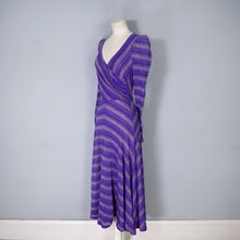 Load image into Gallery viewer, 70s UNLABELED BIBA PURPLE GOLD STRIPED WRAP OVER MIDI DRESS - XS