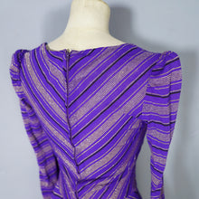 Load image into Gallery viewer, 70s UNLABELED BIBA PURPLE GOLD STRIPED WRAP OVER MIDI DRESS - XS