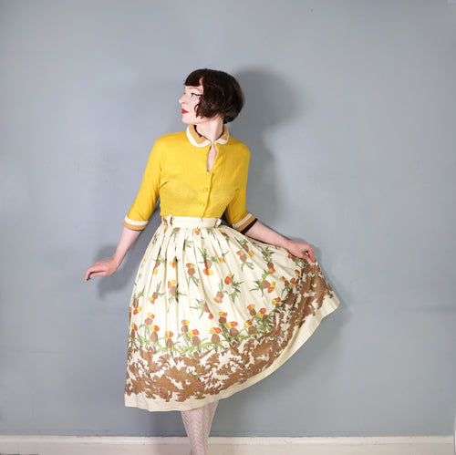 50s AUSTUMNAL FLORAL DANDELION PALE YELLOW FULL SKIRT - 28