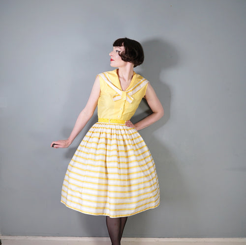 50s YELLOW STRIPED FULL SKIRT AND MIDDY COLLAR BLOUSE DRESS SET - S