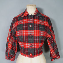 Load image into Gallery viewer, 50s COLLEGIAN SPORTSWEAR RED GREY PLAID CHECK CROPPED WOOL JACKET - XS