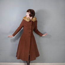 Load image into Gallery viewer, 60s 70s ELGEE BROWN FIT AND FLARE WOOL COAT WITH FAUX FUR HOOD - S