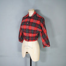 Load image into Gallery viewer, 50s COLLEGIAN SPORTSWEAR RED GREY PLAID CHECK CROPPED WOOL JACKET - XS