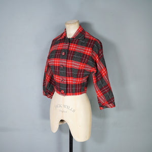 50s COLLEGIAN SPORTSWEAR RED GREY PLAID CHECK CROPPED WOOL JACKET - XS