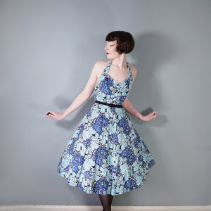 EARLY 50s BLUE WHITE LEAF PRINT FULL SKIRTED HALTER SUN DRESS - S