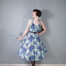 Load image into Gallery viewer, EARLY 50s BLUE WHITE LEAF PRINT FULL SKIRTED HALTER SUN DRESS - S
