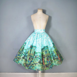 50s BLUE GREEN SCENIC VENICE BORDER PRINT NOVELTY SKIRT - 27"