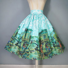 Load image into Gallery viewer, 50s BLUE GREEN SCENIC VENICE BORDER PRINT NOVELTY SKIRT - 27&quot;