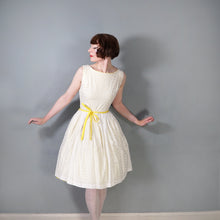 Load image into Gallery viewer, 60s YELLOW AND WHITE BRODERIE ANGLAISE FIT FULL SKIRTED DRESS WITH BELT - S