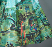 Load image into Gallery viewer, 50s BLUE GREEN SCENIC VENICE BORDER PRINT NOVELTY SKIRT - 27&quot;