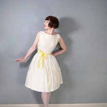 Load image into Gallery viewer, 60s YELLOW AND WHITE BRODERIE ANGLAISE FIT FULL SKIRTED DRESS WITH BELT - S