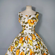 Load image into Gallery viewer, 60s AUTUMNAL YELLOW AND ORANGE FLORAL DRESS WITH PETTICOAT - S