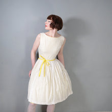 Load image into Gallery viewer, 60s YELLOW AND WHITE BRODERIE ANGLAISE FIT FULL SKIRTED DRESS WITH BELT - S