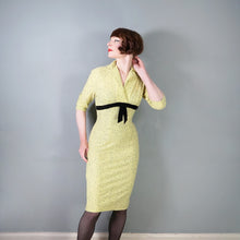 Load image into Gallery viewer, 50s TREASURE JUNIOR MISS FLECKED YELLOW WIGGLE DRESS WITH KICK PLEAT - S