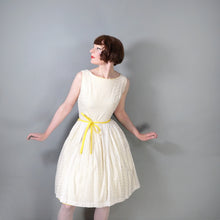 Load image into Gallery viewer, 60s YELLOW AND WHITE BRODERIE ANGLAISE FIT FULL SKIRTED DRESS WITH BELT - S