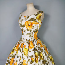 Load image into Gallery viewer, 60s AUTUMNAL YELLOW AND ORANGE FLORAL DRESS WITH PETTICOAT - S