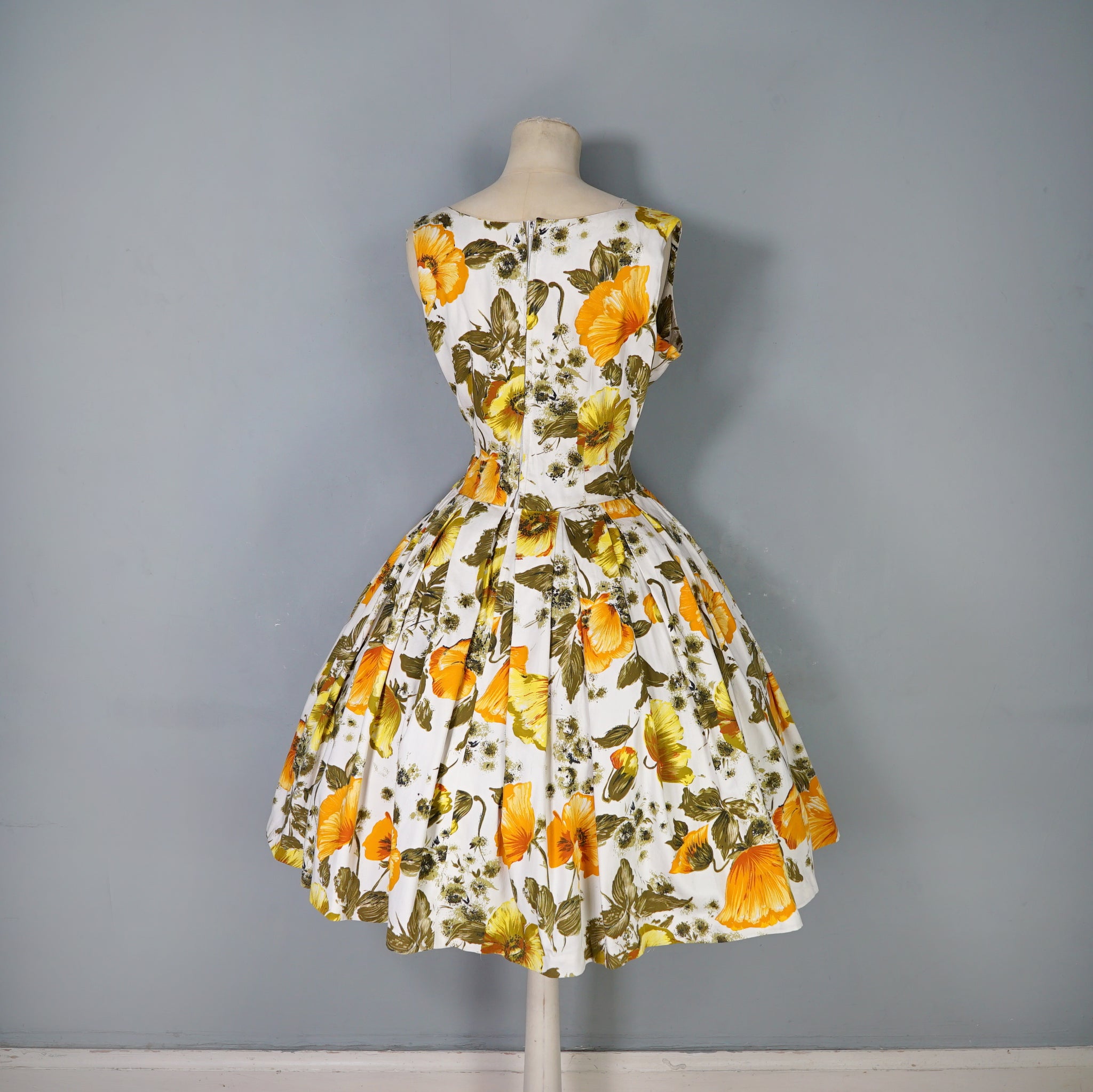 60s AUTUMNAL YELLOW AND ORANGE FLORAL DRESS WITH PETTICOAT
