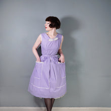 Load image into Gallery viewer, 50s LAVENDER PURPLE AND WHITE SPOT PRINT DRESS WITH POCKET AND BOW - S
