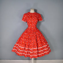 Load image into Gallery viewer, 50s RED AUSTRIAN NOVELTY FOLK PRINT FULL SKIRTED COTTON DRESS - S