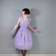 Load image into Gallery viewer, 50s LAVENDER PURPLE AND WHITE SPOT PRINT DRESS WITH POCKET AND BOW - S