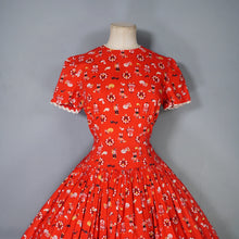 Load image into Gallery viewer, 50s RED AUSTRIAN NOVELTY FOLK PRINT FULL SKIRTED COTTON DRESS - S
