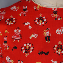 Load image into Gallery viewer, 50s RED AUSTRIAN NOVELTY FOLK PRINT FULL SKIRTED COTTON DRESS - S