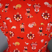 Load image into Gallery viewer, 50s RED AUSTRIAN NOVELTY FOLK PRINT FULL SKIRTED COTTON DRESS - S