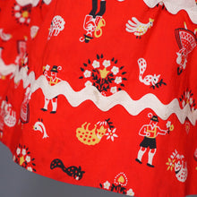 Load image into Gallery viewer, 50s RED AUSTRIAN NOVELTY FOLK PRINT FULL SKIRTED COTTON DRESS - S