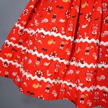 Load image into Gallery viewer, 50s RED AUSTRIAN NOVELTY FOLK PRINT FULL SKIRTED COTTON DRESS - S