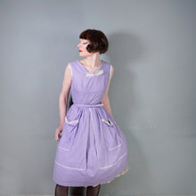 Load image into Gallery viewer, 50s LAVENDER PURPLE AND WHITE SPOT PRINT DRESS WITH POCKET AND BOW - S
