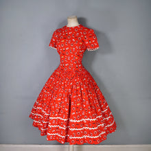 Load image into Gallery viewer, 50s RED AUSTRIAN NOVELTY FOLK PRINT FULL SKIRTED COTTON DRESS - S