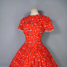 Load image into Gallery viewer, 50s RED AUSTRIAN NOVELTY FOLK PRINT FULL SKIRTED COTTON DRESS - S