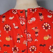 Load image into Gallery viewer, 50s RED AUSTRIAN NOVELTY FOLK PRINT FULL SKIRTED COTTON DRESS - S