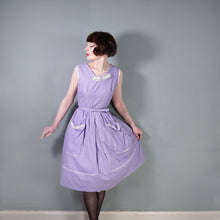 Load image into Gallery viewer, 50s LAVENDER PURPLE AND WHITE SPOT PRINT DRESS WITH POCKET AND BOW - S