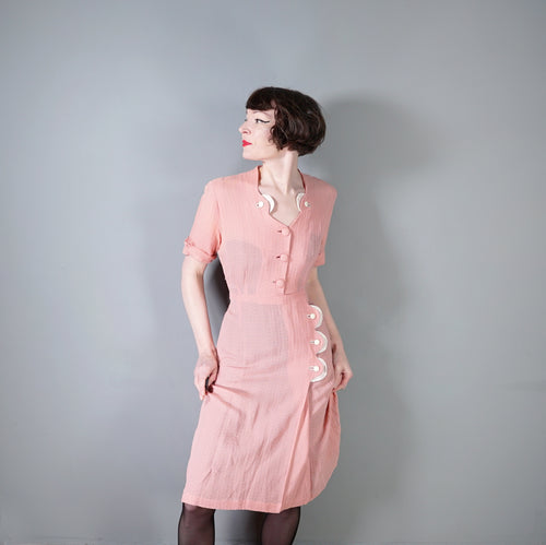 40s SOFT BALLET PINK TEA DRESS WITH SCALLOP AND BUTTON DETAIL - L / volup