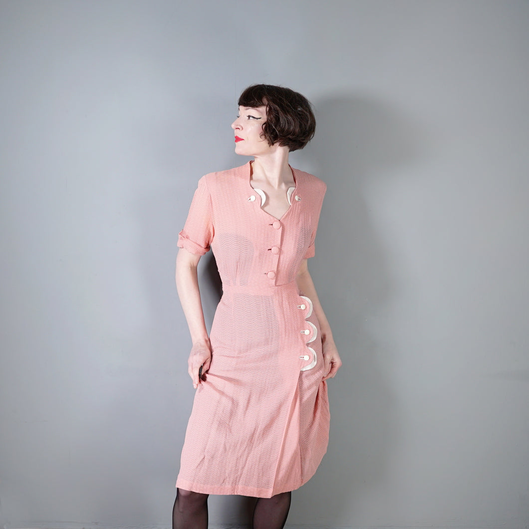 40s SOFT BALLET PINK TEA DRESS WITH SCALLOP AND BUTTON DETAIL - L / volup