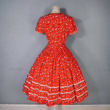 Load image into Gallery viewer, 50s RED AUSTRIAN NOVELTY FOLK PRINT FULL SKIRTED COTTON DRESS - S