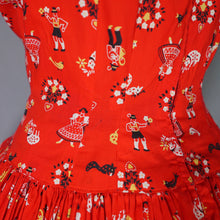 Load image into Gallery viewer, 50s RED AUSTRIAN NOVELTY FOLK PRINT FULL SKIRTED COTTON DRESS - S