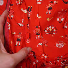 Load image into Gallery viewer, 50s RED AUSTRIAN NOVELTY FOLK PRINT FULL SKIRTED COTTON DRESS - S
