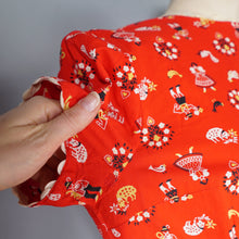 Load image into Gallery viewer, 50s RED AUSTRIAN NOVELTY FOLK PRINT FULL SKIRTED COTTON DRESS - S