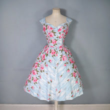 Load image into Gallery viewer, 50s PASTEL BLUE AND PINK ROSE PRINT SWEETHEART COTTON PARTY DRESS - S-M