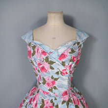 Load image into Gallery viewer, 50s PASTEL BLUE AND PINK ROSE PRINT SWEETHEART COTTON PARTY DRESS - S-M