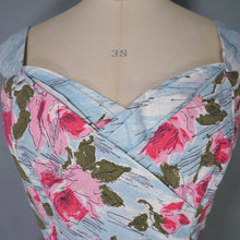 Load image into Gallery viewer, 50s PASTEL BLUE AND PINK ROSE PRINT SWEETHEART COTTON PARTY DRESS - S-M