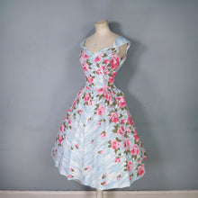 Load image into Gallery viewer, 50s PASTEL BLUE AND PINK ROSE PRINT SWEETHEART COTTON PARTY DRESS - S-M